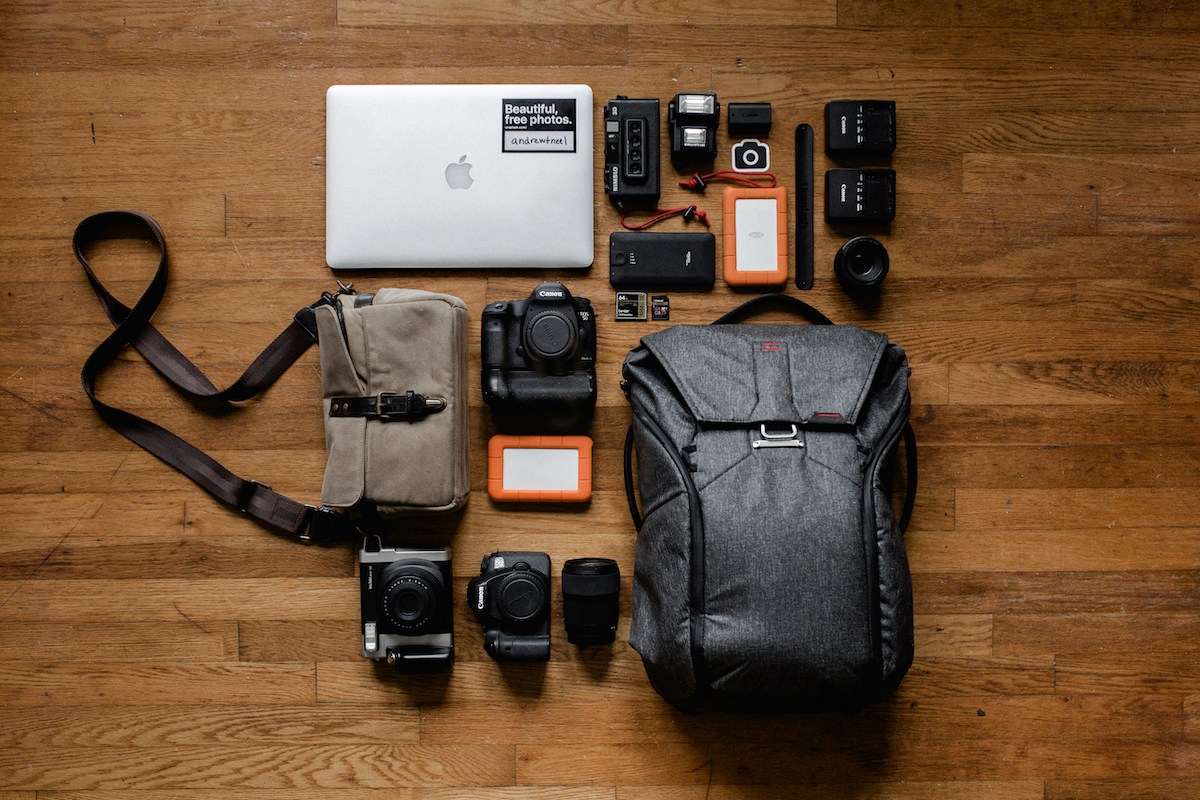Flat lay of gadgets ready for travel