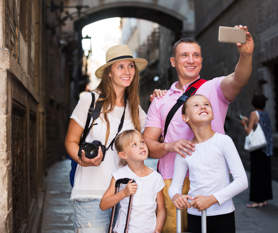 Travelers family taking selfie