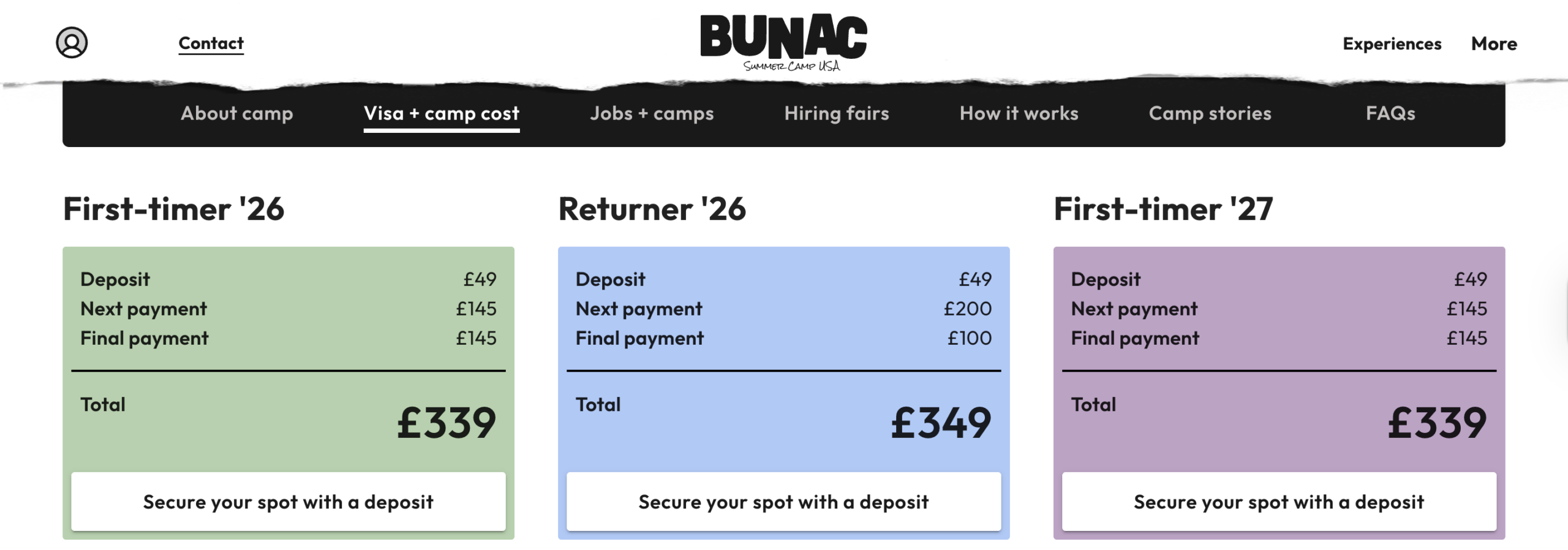 Price of BUNAC US Summer Camp programme