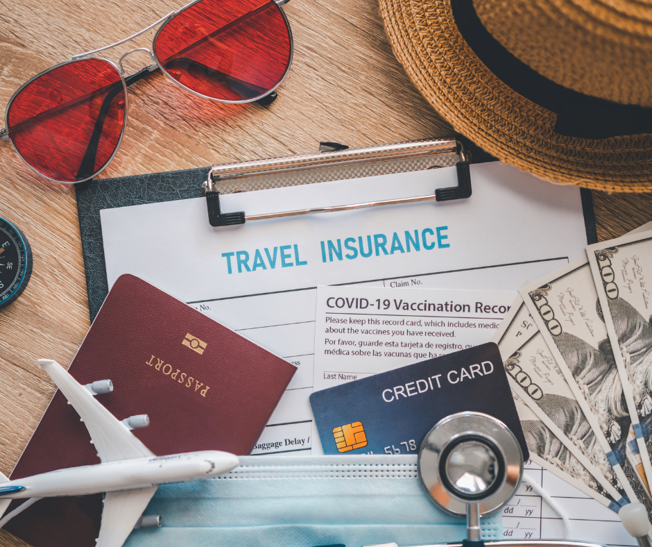 Travel insurance documents flat lay