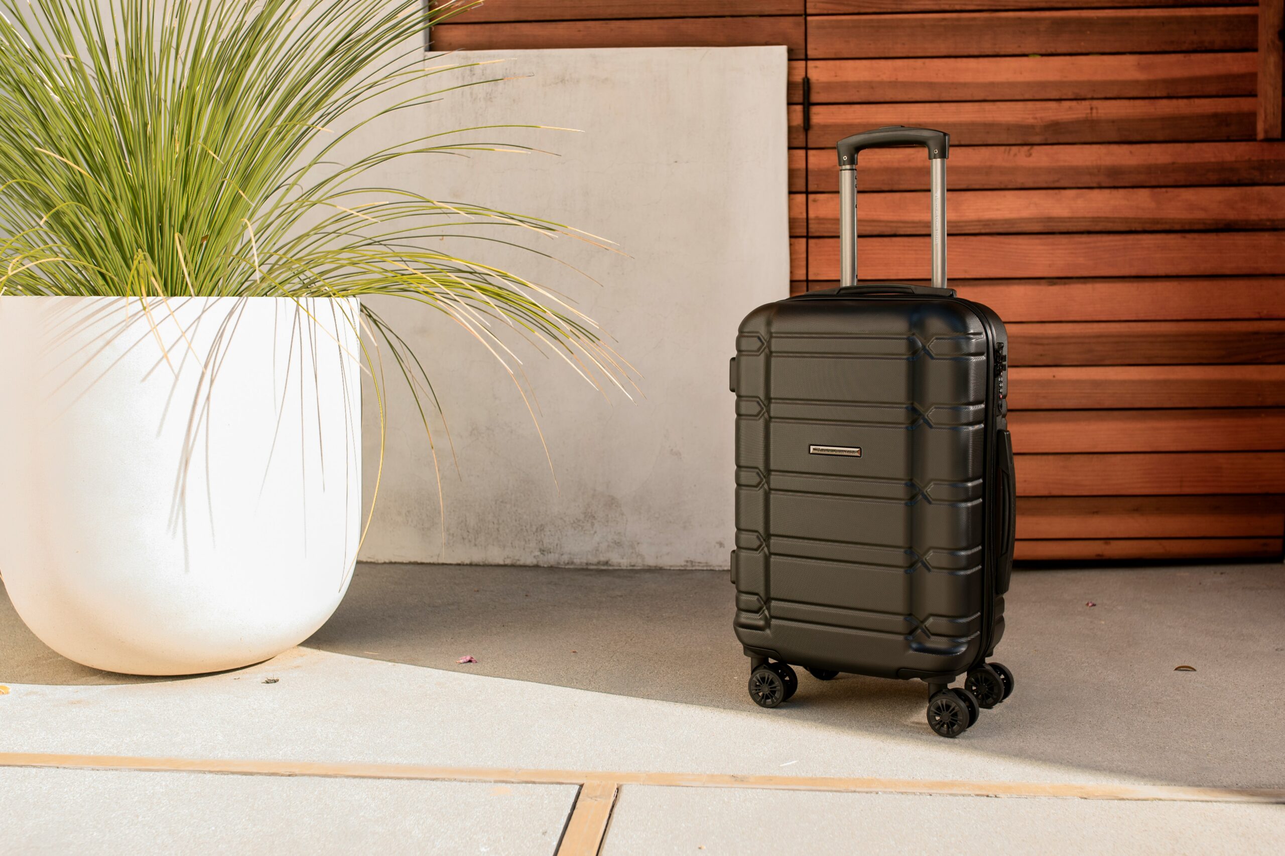 Suitcase next to a plant pot